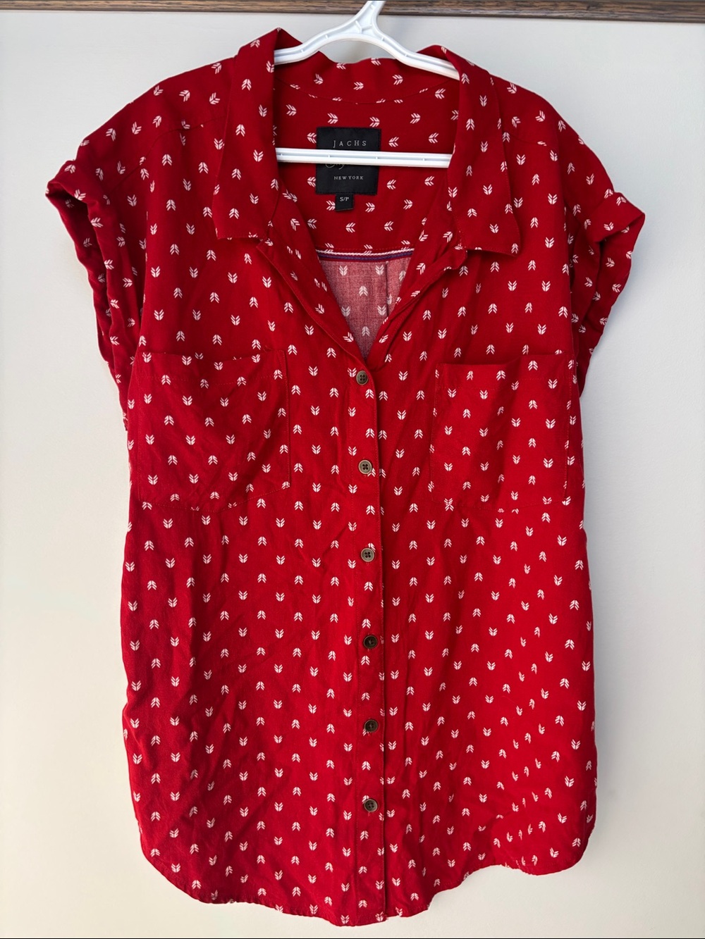 Jachs Red Short-Sleeve Button-Down Shirt with White Micro Print